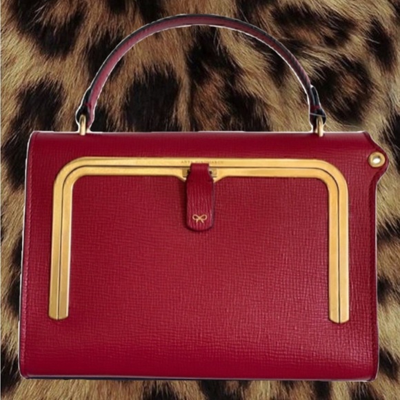 anya hindmarch small postbox bag carmine red grainy capra leather gold frame - Picture 1 of 15